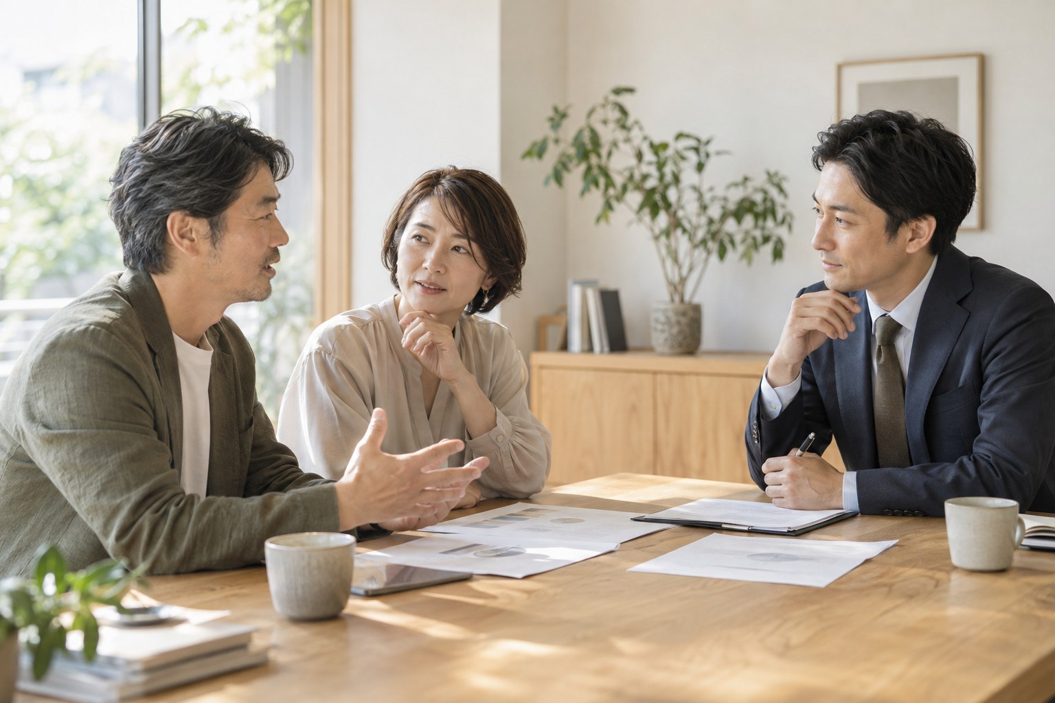 明るい机を囲み、事業や保険について話し合う相談風景のイメージ